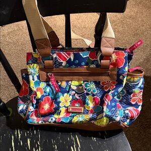 Lily Bloom Blue Floral Tote with Brown Accents